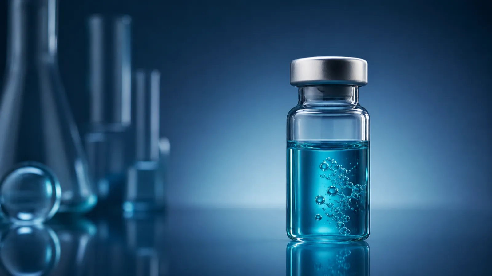 A single clear glass vial holding a faintly blue copper peptide solution, lit softly against a cool, dark studio background.