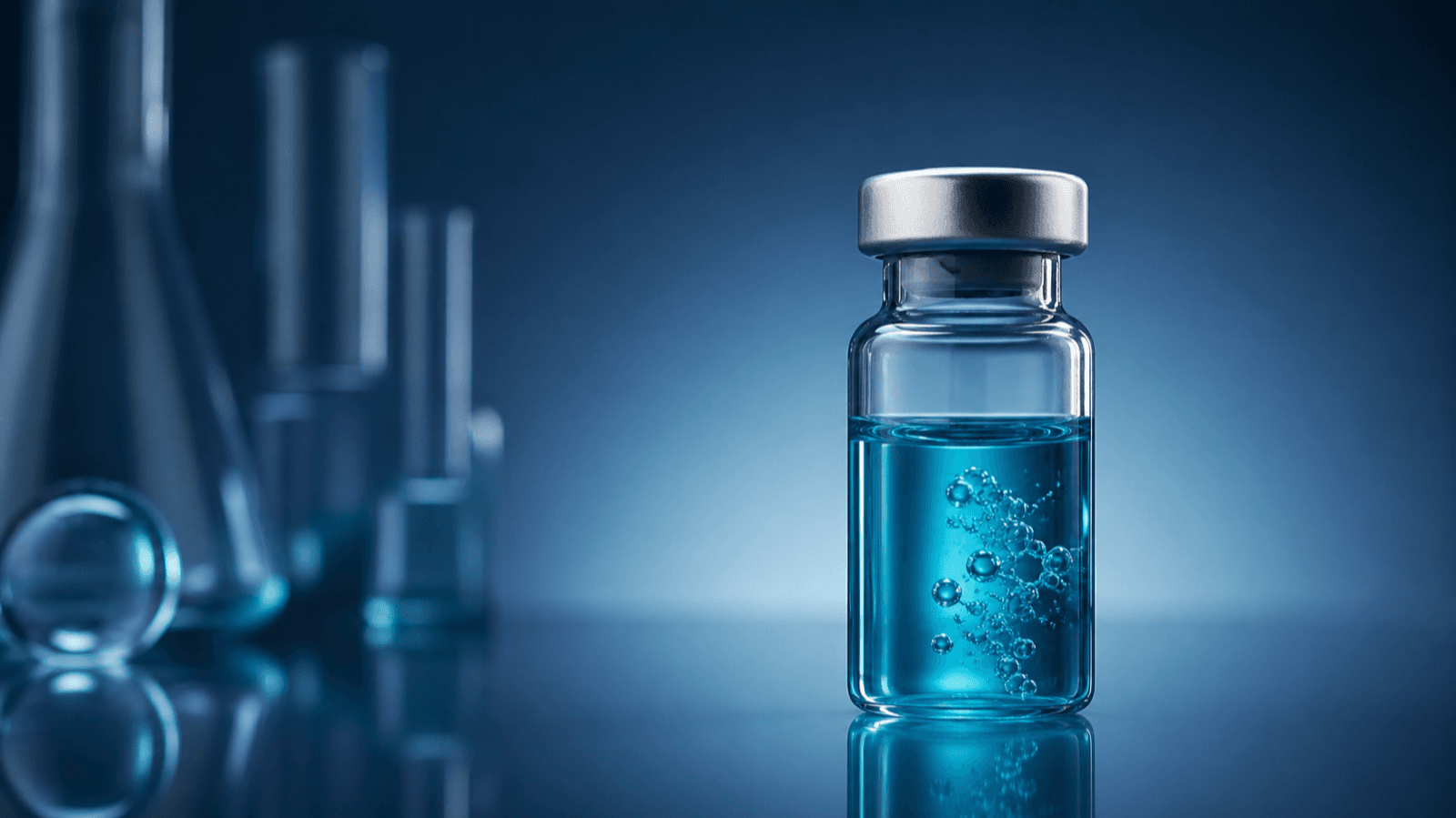 A single clear glass vial holding a faintly blue copper peptide solution, lit softly against a cool, dark studio background.