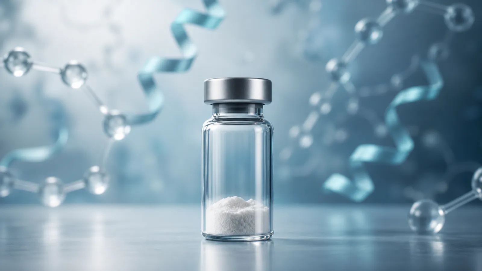 A single clear glass vial on a soft blue background, surrounded by abstract translucent molecular structures, evoking a laboratory research peptide.