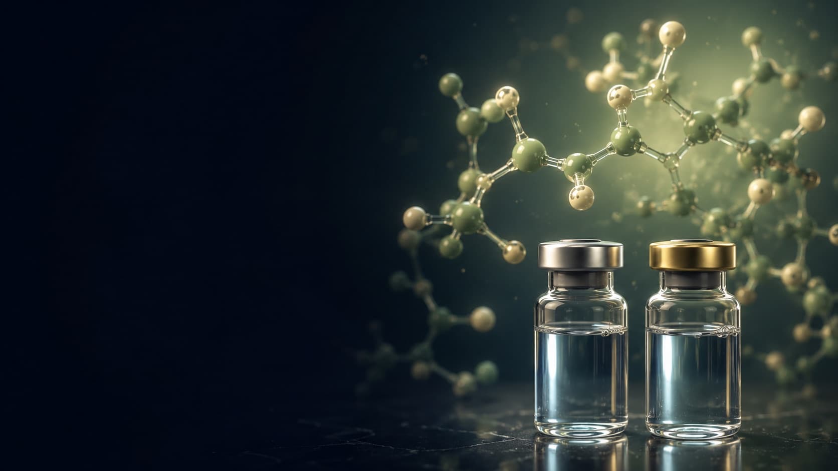 Glowing 3D peptide molecule with laboratory vials