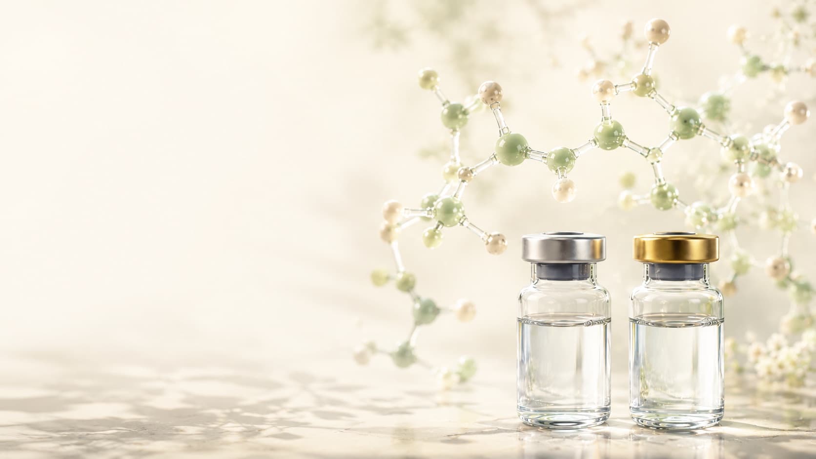 Glowing 3D peptide molecule with laboratory vials